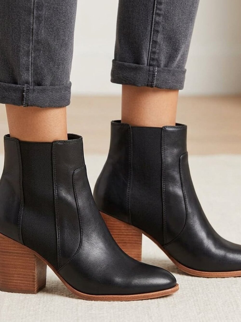 Soludos Black Ankle Boots with Brown Heel
